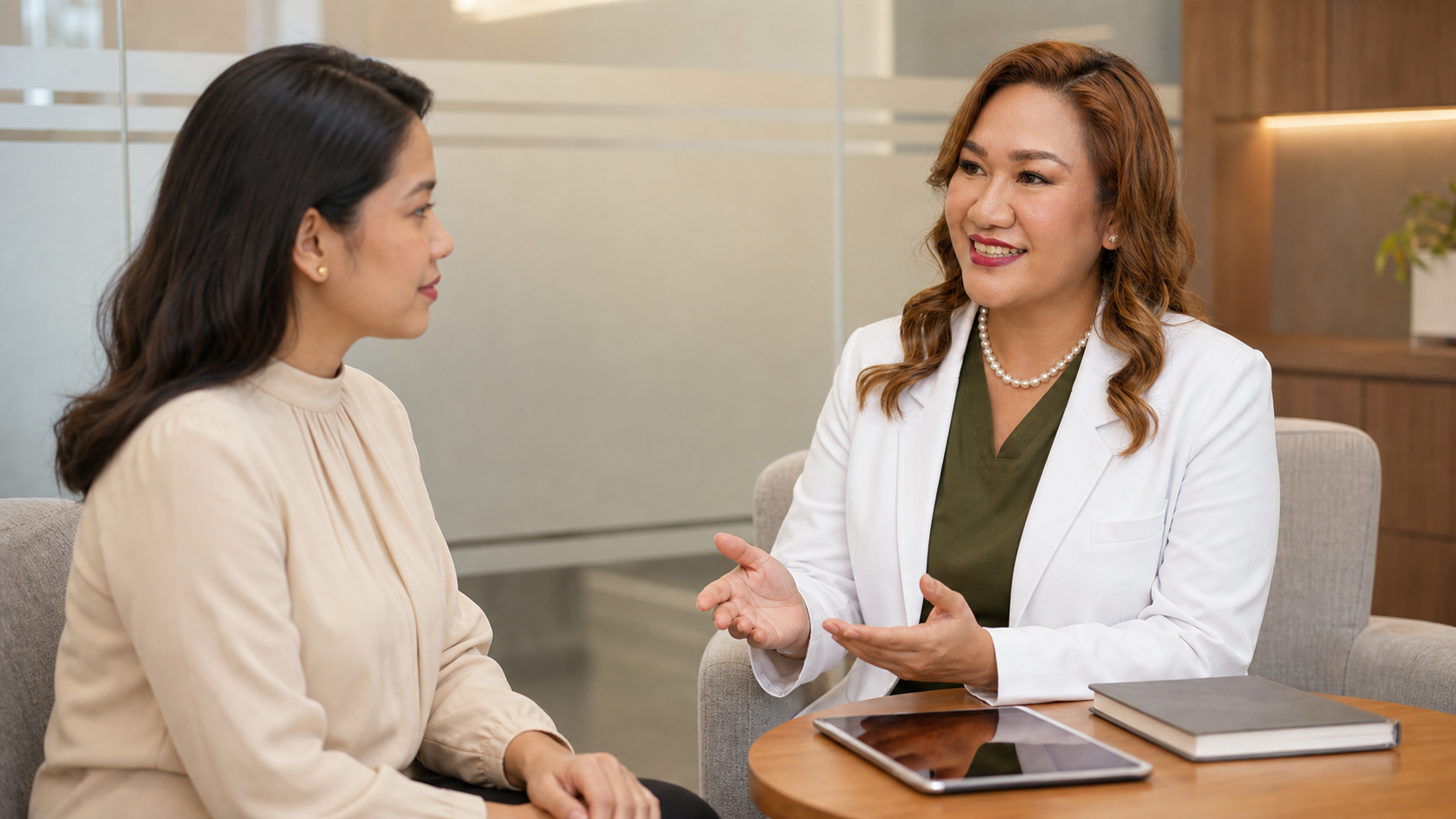 Dr. Norielynn De Vega speaking privately with an adult patient