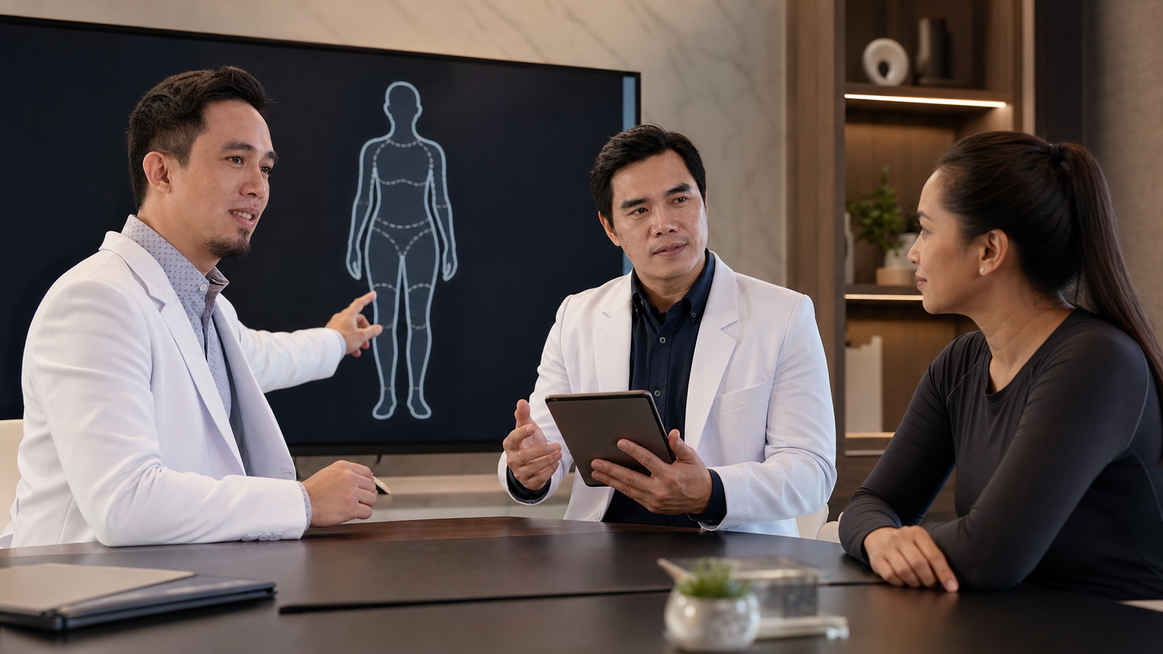 Dr. Kane Wong and Dr. Joel Feliciano discussing a body-contouring plan with an adult patient