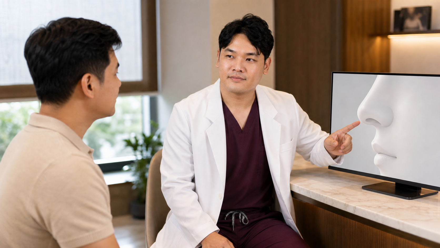Dr. Silvernic Diesmos explaining rhinoplasty planning to an adult patient