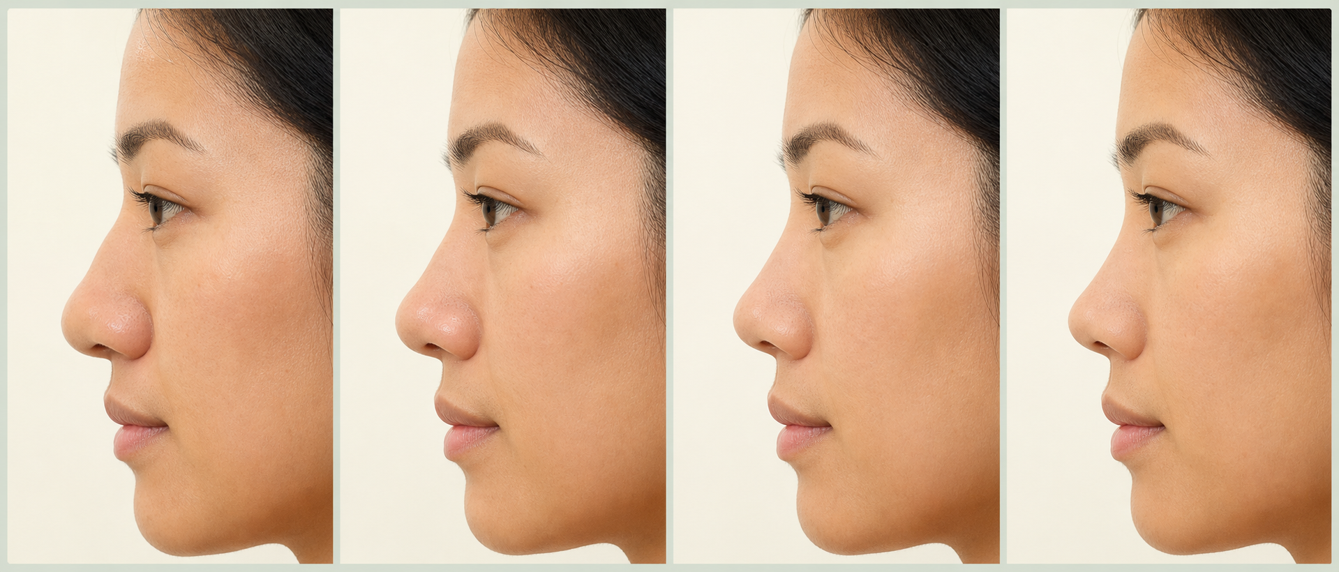Four-panel illustration showing nasal swelling gradually settling after rhinoplasty